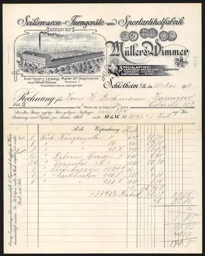 Rechnung Schlotheim i. Th. 1913, Müller & Wimmer, Seiler- & Turngeräte-Fabrik, Werkansicht und Messemedaillen