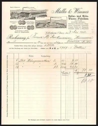 Rechnung Schlotheim i. Th. 1912, Müller & Wimmer, Seiler- & Holzwaren-Fabriken, Werke in Schlotheim und Böhlen