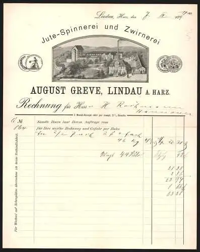 Rechnung Lindau /Harz 1900, August Greve, Jute-Spinnerei und Zwirnerei, Gesamtansicht der Fabrik, Preismedaillen