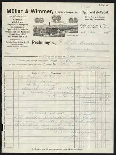 Rechnung Schlotheim i. Th. 1915, Müller & Wimmer, Seilerwaren- und Sportartikel-Fabrik, Werkansicht und Preismedaillen