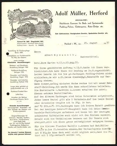 Rechnung Herford i. W. 1937, Adolf Müller, Pudding- & Backpulver-Fabrik, Ansicht des chemischen Laboratoriums