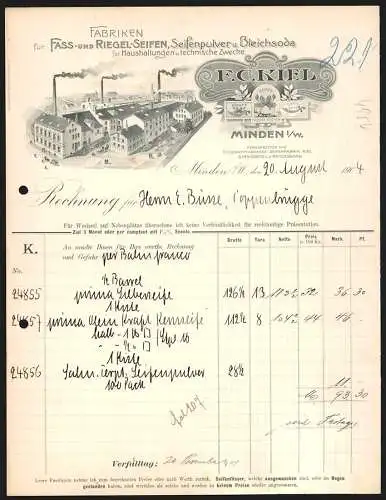 Rechnung Minden i. W. 1904, F. C. Kiel, Seifen-Fabrik, Ansicht des Betriebsgeländes, Fabrikmarken