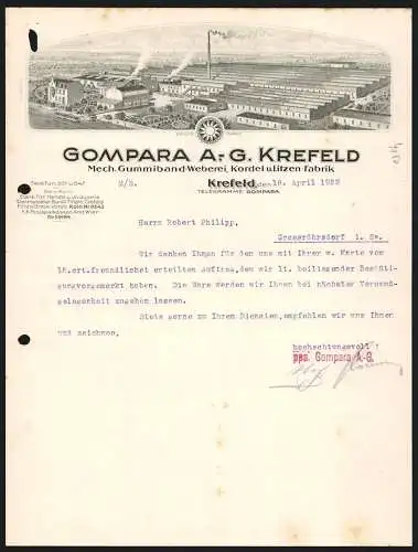 Rechnung Krefeld 1923, Compara AG, Kordel- & Litzen-Fabrik, Gesamtansicht der Werkanlage, Schutzmarke Sonne