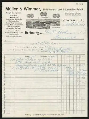 Rechnung Schlotheim i. Th. 1914, Müller & Wimmer, Seilerwaren- und Sportartikel-Fabrik, Werkansicht und Preismedaillen