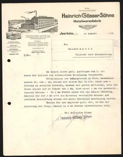 Rechnung Iserlohn 1938, Heinrich Gösser Söhne, Metallwarenfabrik, Hauptwerk und Zweigstelle