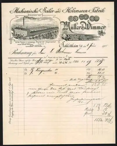 Rechnung Schlotheim i. Th. 1905, Müller & Wimmer, Seiler- & Holzwaren-Fabrik, Werkansicht und Messe-Medaillen