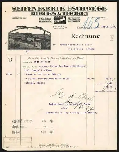 Rechnung Eschwege 1927, Dircks & Thorey, Seifenfabrik, Betriebsansicht und Schutzmarke Puranto