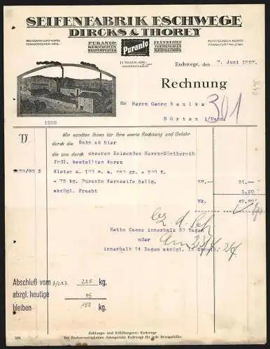 Rechnung Eschwege 1927, Dircks & Thorey, Seifenfabrik, Betriebsansicht und Schutzmarke Puranto