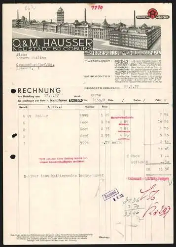 Rechnung Neustadt bei Coburg 1937, O. & M. Hausser, Spielwaren-Fabrik, Modellansicht des Betriebsgeländes