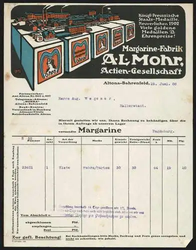 Rechnung Altona-Bahrenfeld 1908, A. L. Mohr AG, Margarine-Fabrik, Modellansicht des Werks auf Mohra Margarine-Quadern