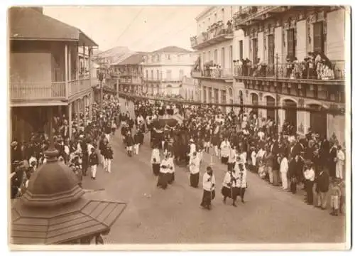 13 Fotografien Ansicht Panama-Stadt, Beerdigungsumzug mit Feuerwehrleuten, Unabhängigkeitsfeier 1909, Bau Panamakanal