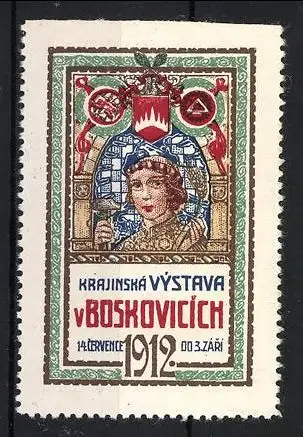 Reklamemarke Boskovice, Krajinská Výstava 1912, Wappen mit Frau