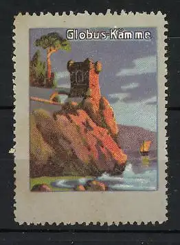 Reklamemarke Globus-Kämme, Felsige Küste mit Turm