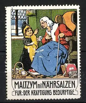 Reklamemarke Maltzym mit Nährsalzen, Grossmutter und Münchner Kindl im Zimmer