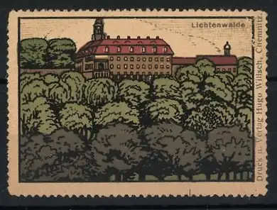 Reklamemarke Lichtenwalde, Schlossansicht, Wald und Gebäude