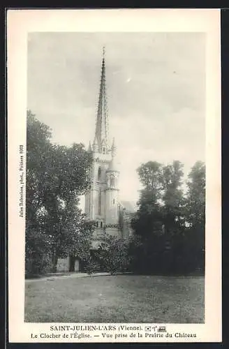 AK Saint-Julien-l`Ars, Le Clocher de l`Église, Vue prise de la Prairie du Château