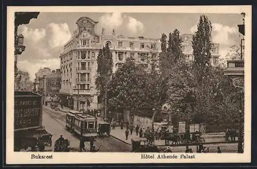 AK Bukarest, Hotel Athenee Palast, Strassenbahn