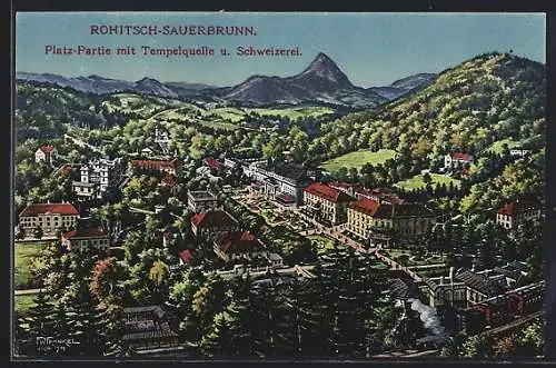 AK Rohitsch-Sauerbrunn, Ortsansicht mit Tempelquelle und Schweizerei