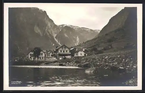 AK Gudvangen, Ortspartie mit Häusern und Bergpanorama