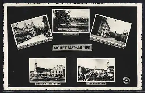 AK Sighet-Maramures, Vedere generala, Piata Unirii-Parcul, Palatul Cultural Astra, Str. Reg. Ferd