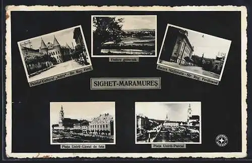 AK Sighet-Maramures, Vedere generala, Piata Unirii-Parcul, Palatul Cultural Astra, Str. Reg. Ferd