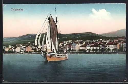 AK Cirkvenica, Wasserpartie mit Blick auf die Ortschaft, Boote