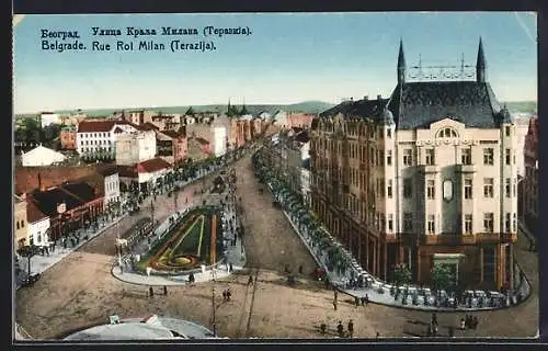 AK Belgrade, Rue Roi Milan, Strassenbahn