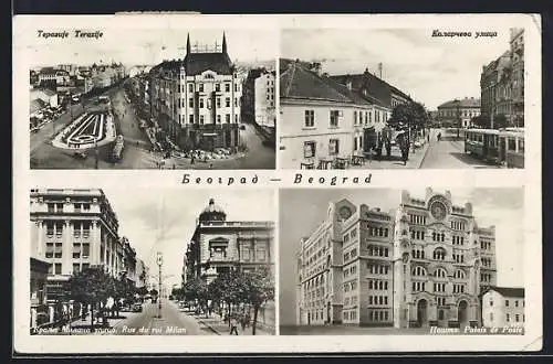 AK Beograd, Terazije, Palais de Poste, Rue du roi Milan, Strassenbahn