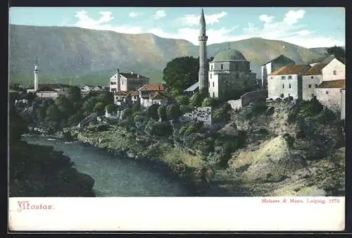 AK Mostar, Ortsansicht mit Flusslauf und Moschee