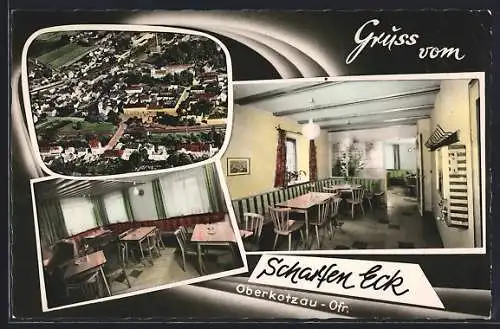 AK Oberkotzau-Ofr., Gasthaus Scharfes Eck v. Liesl Hick, dazu, Ortsansicht aus der Vogelschau