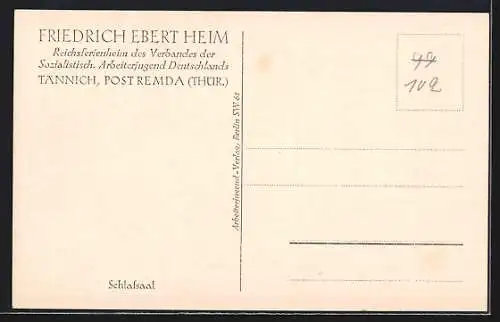 AK Tännich /Thür., Friedrich Ebert Heim, Reichsferienheim der SAJ Deutschland, Schlafsaal