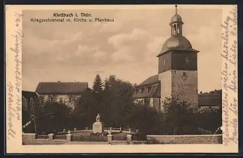 AK Klettbach i. Thür., Kriegerehrenmal mit Kirche und Pfarrhaus