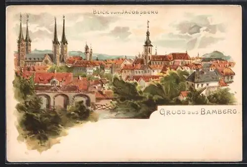 Lithographie Bamberg, Blick vom Jacobsberg über die Dächer mit Dom