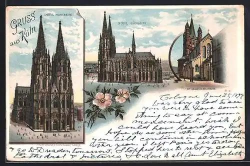 Lithographie Köln, Süd & Westseite vom Dom, An der St. Martinskirche