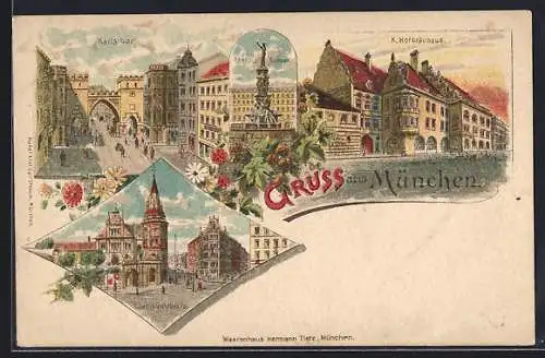 Lithographie München, Münchner Hofbräuhaus, Aussenansicht, Karlstor, Löwenbräukeller