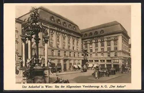 AK Wien, Der Ankerhof, Sitz der Allgemeinen Versicherungs AG Der Anker, Strassenansicht mit Litfasssäule