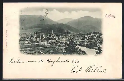 AK Leoben, Ortstotale von den Feldern aus mit der Pfarrkirche Leoben-Göss