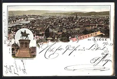 Lithographie Liege, Monument Charlemasne, Panorama