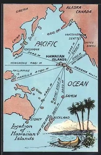 AK Hawaii, HI, Lage der Inseln im Pazifik, Entfernung zu Städten an der Küste des Pazifischen Ozeans