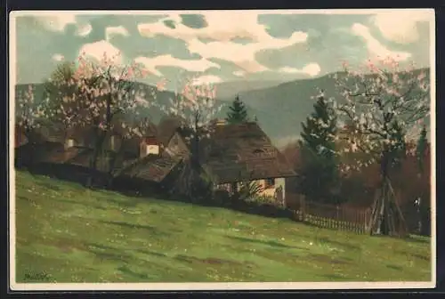 Künstler-AK Alfred Mailick: Landschaft mit Häusern und blühenden Bäumen