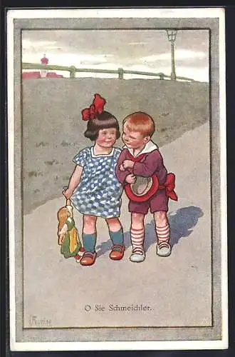 Künstler-AK Karl Feiertag: Junge umwirbt ein Mädchen