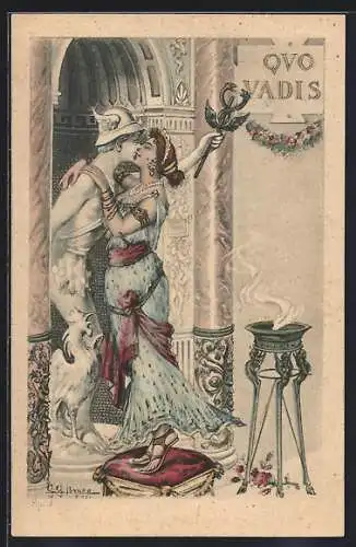 Künstler-AK Hübsche Frau küsst Hermes, Antike