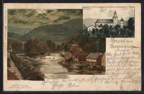 Lithographie Gernsbach i. Murgthal, Panorama und Kirche