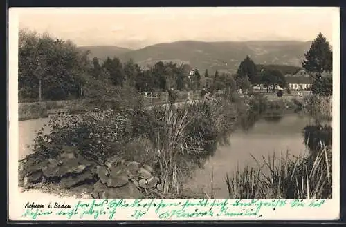 AK Achern / Baden, Stadtgarten mit Blick zur Hornisgrinde