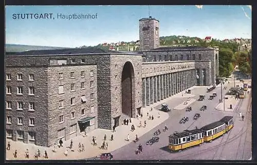 AK Stuttgart, Strassenbahn vor dem Hauptbahnhof