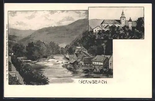 AK Gernsbach, Ortsansicht mit Fluss, Kirche