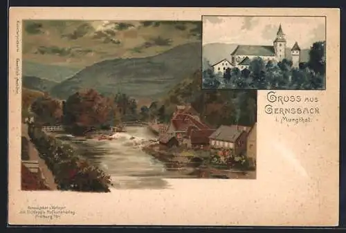 Lithographie Gernsbach, Totalansicht, Schloss