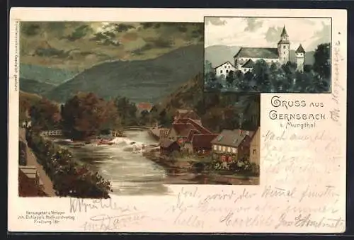 Lithographie Gernsbach, Totalansicht, Schloss