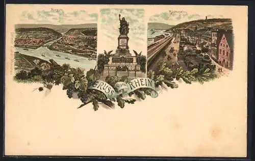 Lithographie Niederwald Denkmal, Blick auf Rhein, Rüdesheim und Bingen