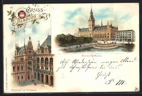 Lithographie Hamburg, Neues Rathaus, Blick in den Ehrenhof